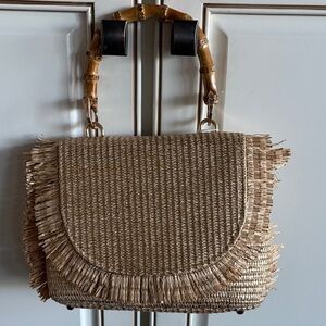 NWT Tommy Bahama Woven Straw Fringe Satchel with Bamboo Handle - Natural